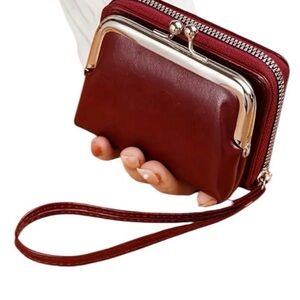 Women's Wristlet Kiss-Lock Coin Purse - Burgundy Faux Leather